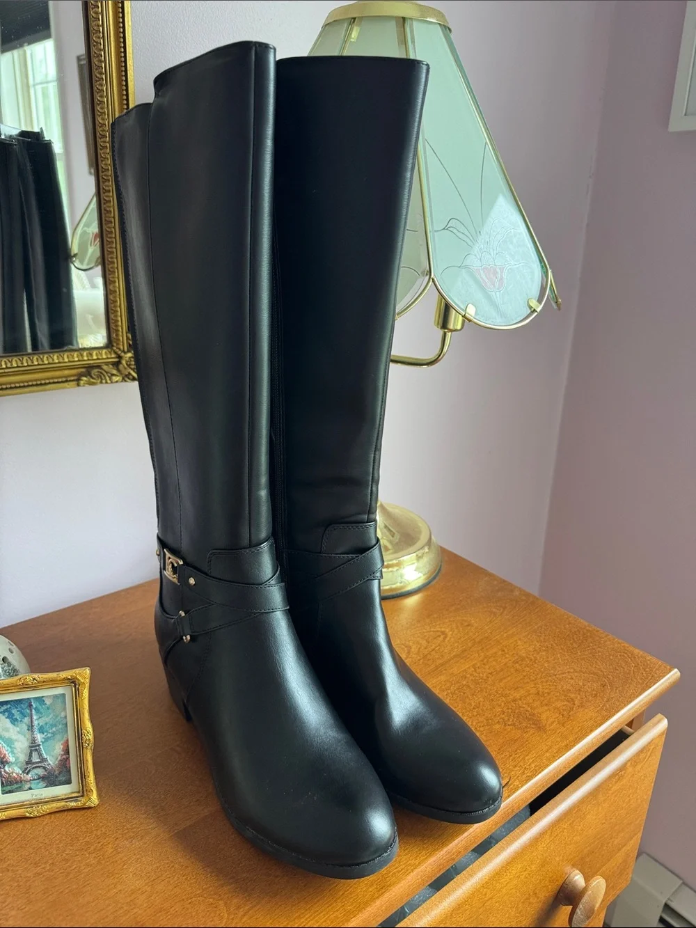 NWT Liz Claiborne Black Leather Over-the-Knee Riding Boots with Gold Accent